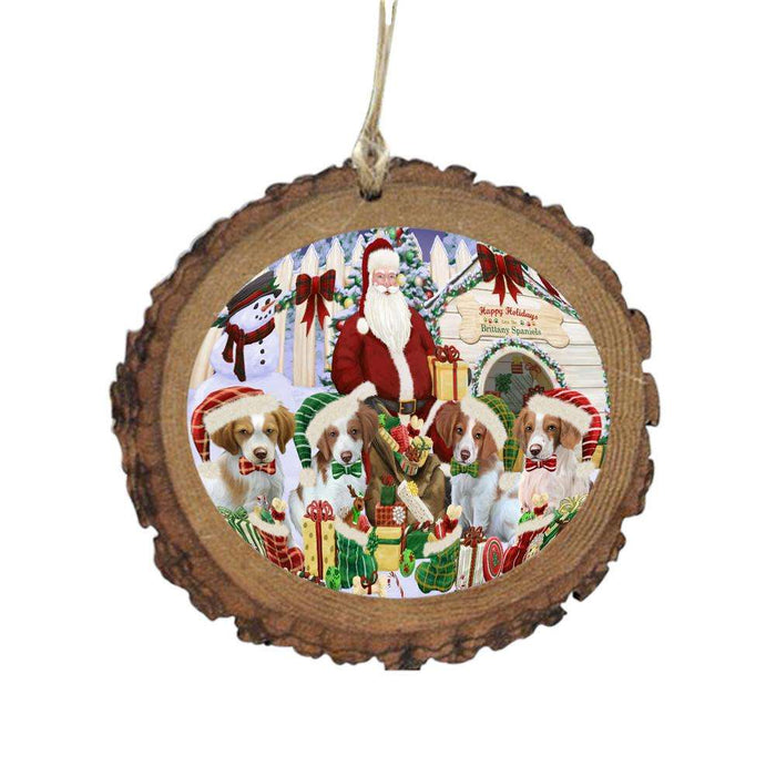 Happy Holidays Christmas Brittany Spaniels Dog House Gathering Wooden Christmas Ornament WOR49689