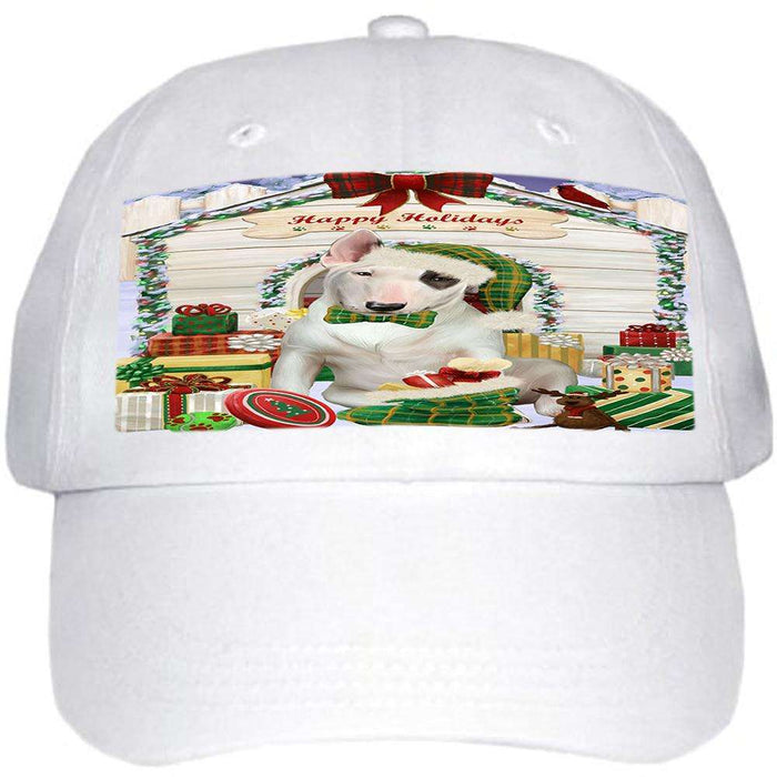 Happy Holidays Christmas Bull Terrier Dog House with Presents Ball Hat Cap HAT57825