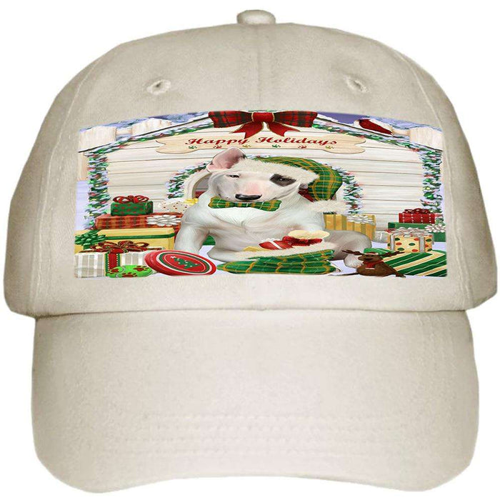 Happy Holidays Christmas Bull Terrier Dog House with Presents Ball Hat Cap HAT57825