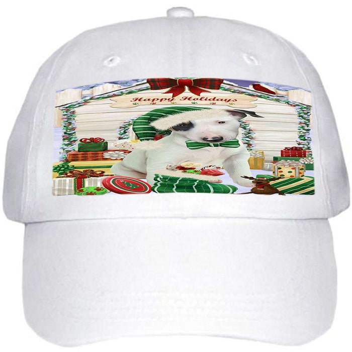 Happy Holidays Christmas Bull Terrier Dog House with Presents Ball Hat Cap HAT57828