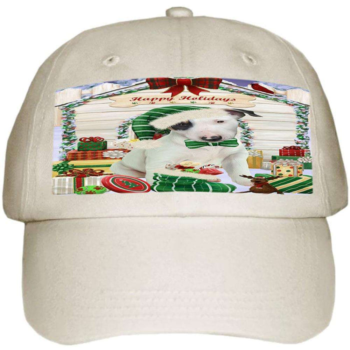 Happy Holidays Christmas Bull Terrier Dog House with Presents Ball Hat Cap HAT57828