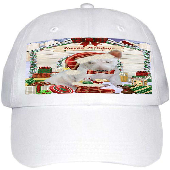 Happy Holidays Christmas Bull Terrier Dog House with Presents Ball Hat Cap HAT57831