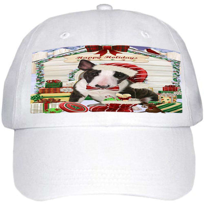 Happy Holidays Christmas Bull Terrier Dog House with Presents Ball Hat Cap HAT57834
