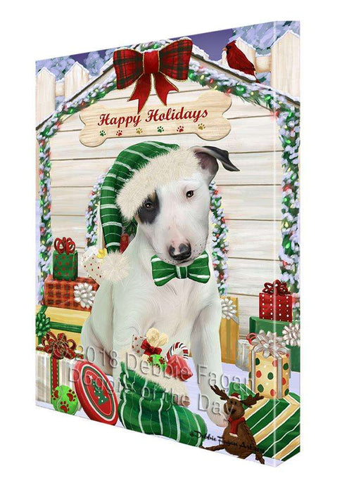 Happy Holidays Christmas Bull Terrier Dog House with Presents Canvas Print Wall Art Décor CVS78875