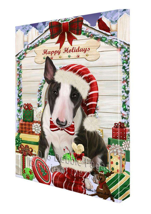 Happy Holidays Christmas Bull Terrier Dog House with Presents Canvas Print Wall Art Décor CVS78893