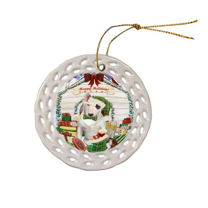 Happy Holidays Christmas Bull Terrier Dog House with Presents Ceramic Doily Ornament DPOR51364