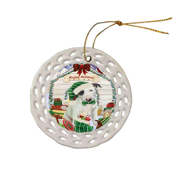 Happy Holidays Christmas Bull Terrier Dog House with Presents Ceramic Doily Ornament DPOR51365