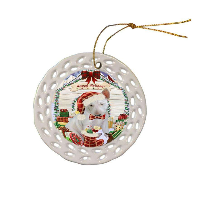 Happy Holidays Christmas Bull Terrier Dog House with Presents Ceramic Doily Ornament DPOR51366