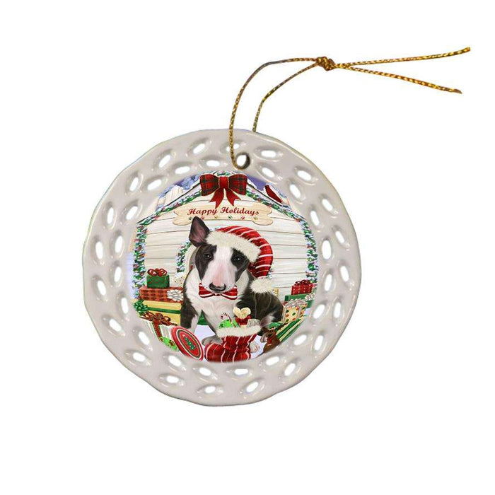 Happy Holidays Christmas Bull Terrier Dog House with Presents Ceramic Doily Ornament DPOR51367