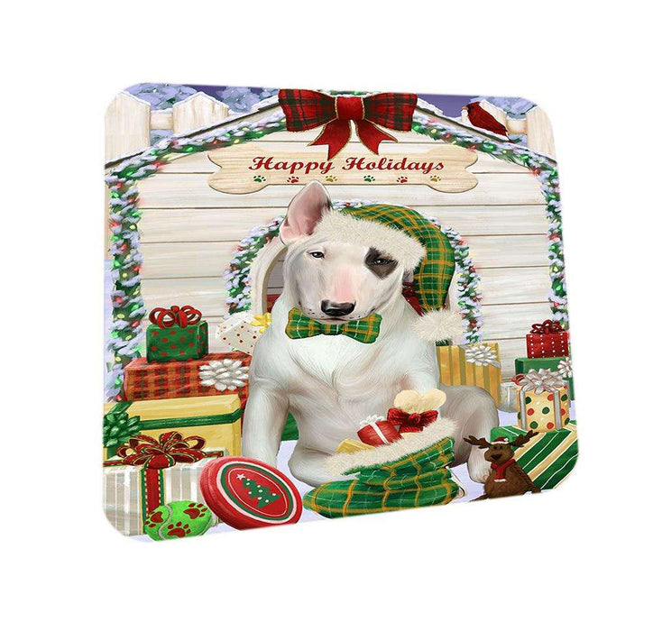 Happy Holidays Christmas Bull Terrier Dog House with Presents Coasters Set of 4 CST51323