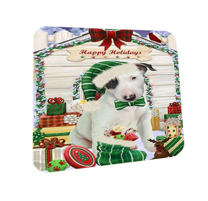 Happy Holidays Christmas Bull Terrier Dog House with Presents Coasters Set of 4 CST51324