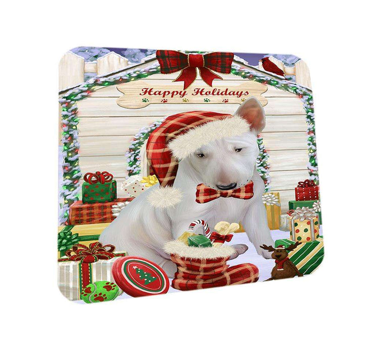 Happy Holidays Christmas Bull Terrier Dog House with Presents Coasters Set of 4 CST51325