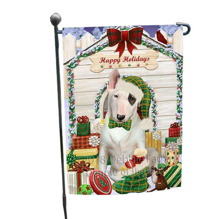 Happy Holidays Christmas Bull Terrier Dog House with Presents Garden Flag GFLG51286