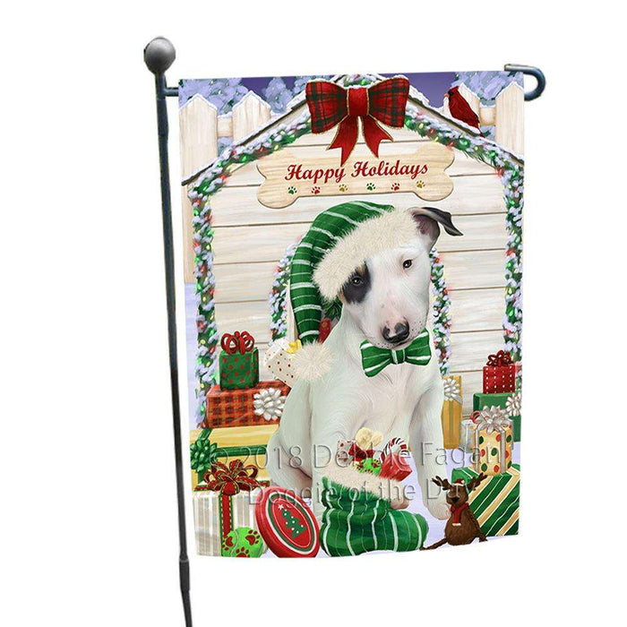 Happy Holidays Christmas Bull Terrier Dog House with Presents Garden Flag GFLG51287