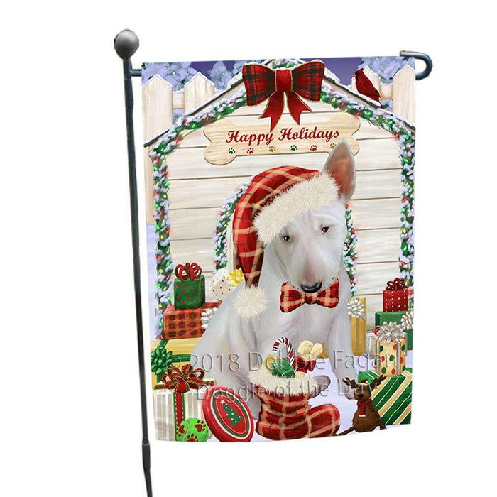 Happy Holidays Christmas Bull Terrier Dog House with Presents Garden Flag GFLG51288