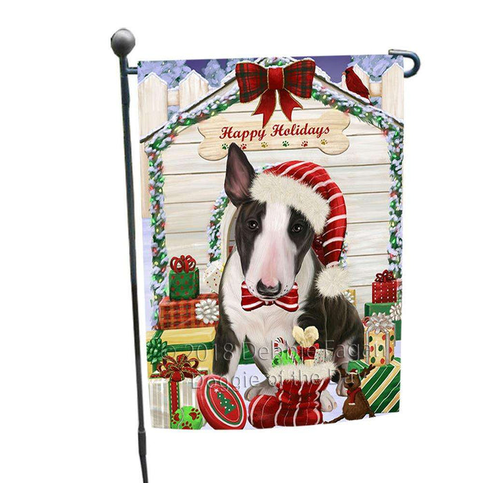 Happy Holidays Christmas Bull Terrier Dog House with Presents Garden Flag GFLG51289