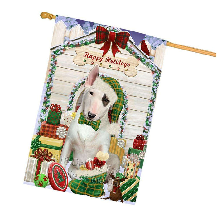 Happy Holidays Christmas Bull Terrier Dog House with Presents House Flag FLG51422