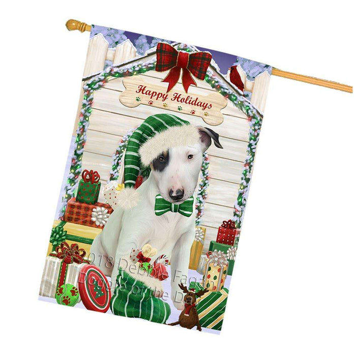 Happy Holidays Christmas Bull Terrier Dog House with Presents House Flag FLG51423