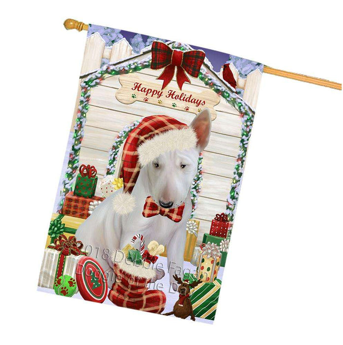 Happy Holidays Christmas Bull Terrier Dog House with Presents House Flag FLG51424