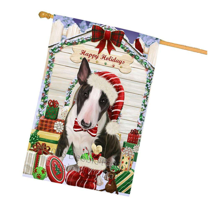 Happy Holidays Christmas Bull Terrier Dog House with Presents House Flag FLG51425