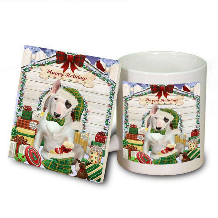 Happy Holidays Christmas Bull Terrier Dog House with Presents Mug and Coaster Set MUC51356