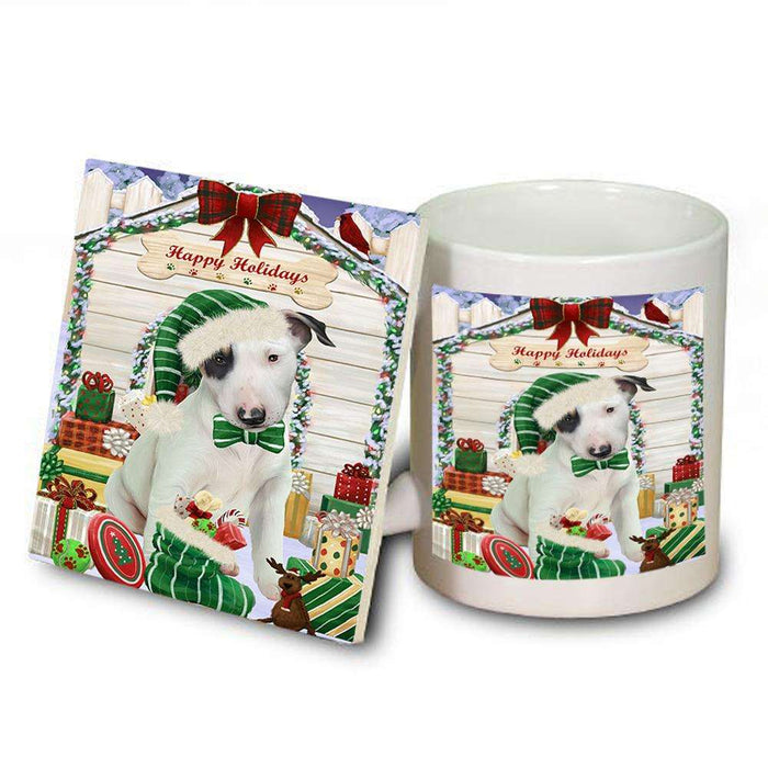 Happy Holidays Christmas Bull Terrier Dog House with Presents Mug and Coaster Set MUC51357