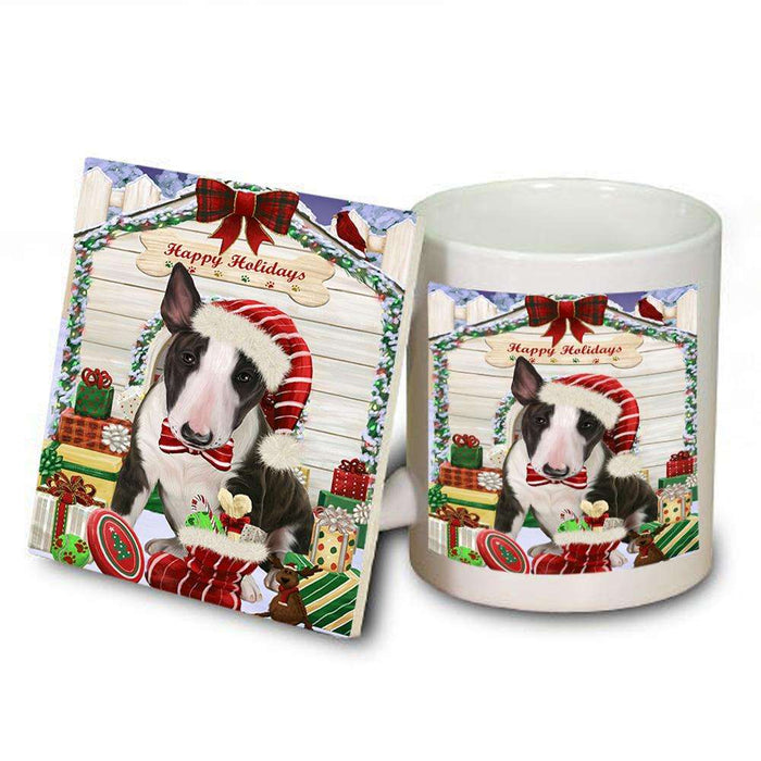 Happy Holidays Christmas Bull Terrier Dog House with Presents Mug and Coaster Set MUC51359