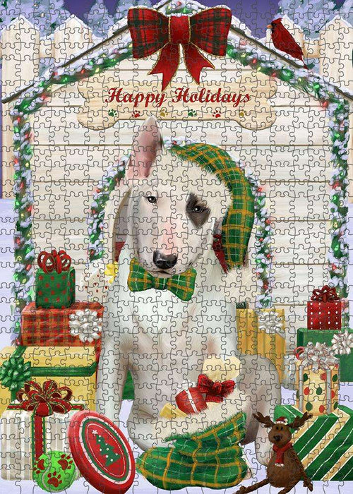 Happy Holidays Christmas Bull Terrier Dog House with Presents Puzzle with Photo Tin PUZL57954