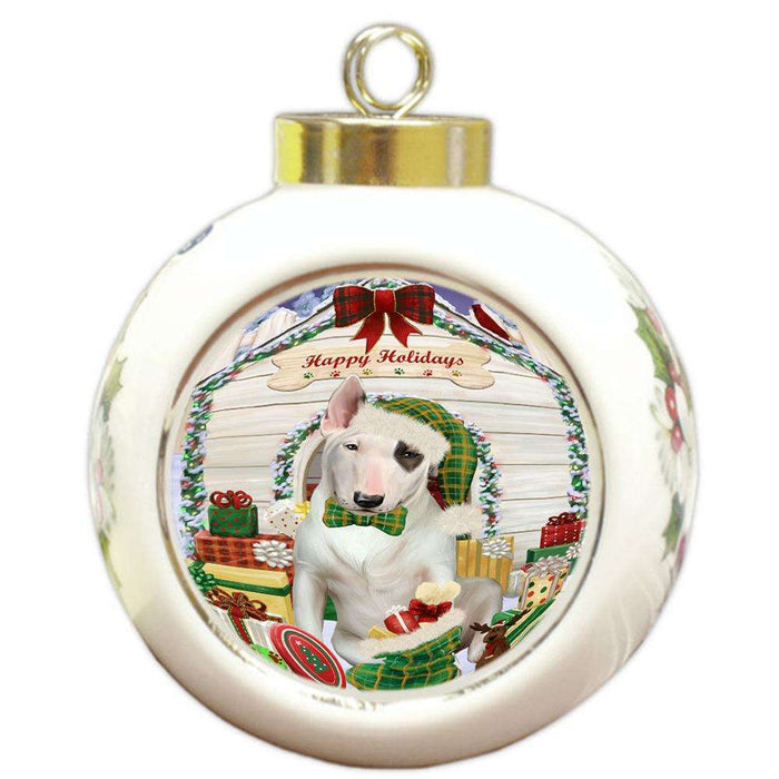 Happy Holidays Christmas Bull Terrier Dog House with Presents Round Ball Christmas Ornament RBPOR51364