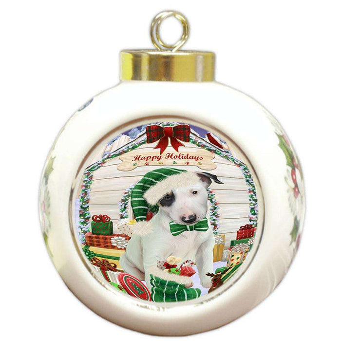 Happy Holidays Christmas Bull Terrier Dog House with Presents Round Ball Christmas Ornament RBPOR51365