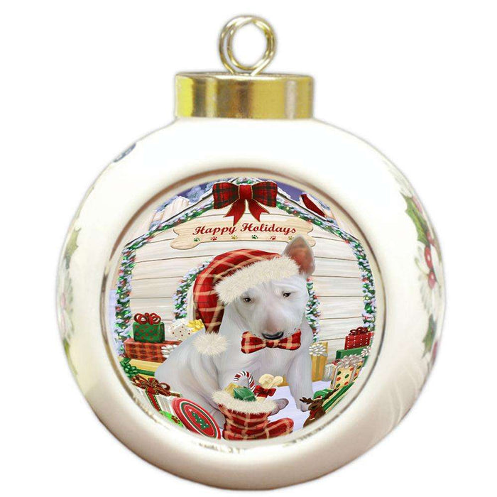 Happy Holidays Christmas Bull Terrier Dog House with Presents Round Ball Christmas Ornament RBPOR51366