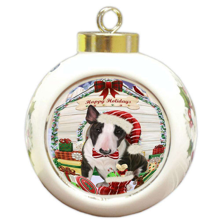 Happy Holidays Christmas Bull Terrier Dog House with Presents Round Ball Christmas Ornament RBPOR51367