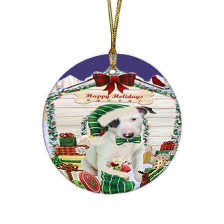 Happy Holidays Christmas Bull Terrier Dog House with Presents Round Flat Christmas Ornament RFPOR51356