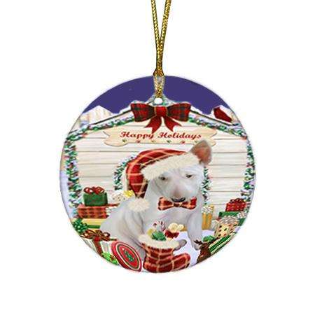 Happy Holidays Christmas Bull Terrier Dog House with Presents Round Flat Christmas Ornament RFPOR51357