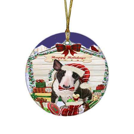 Happy Holidays Christmas Bull Terrier Dog House with Presents Round Flat Christmas Ornament RFPOR51358