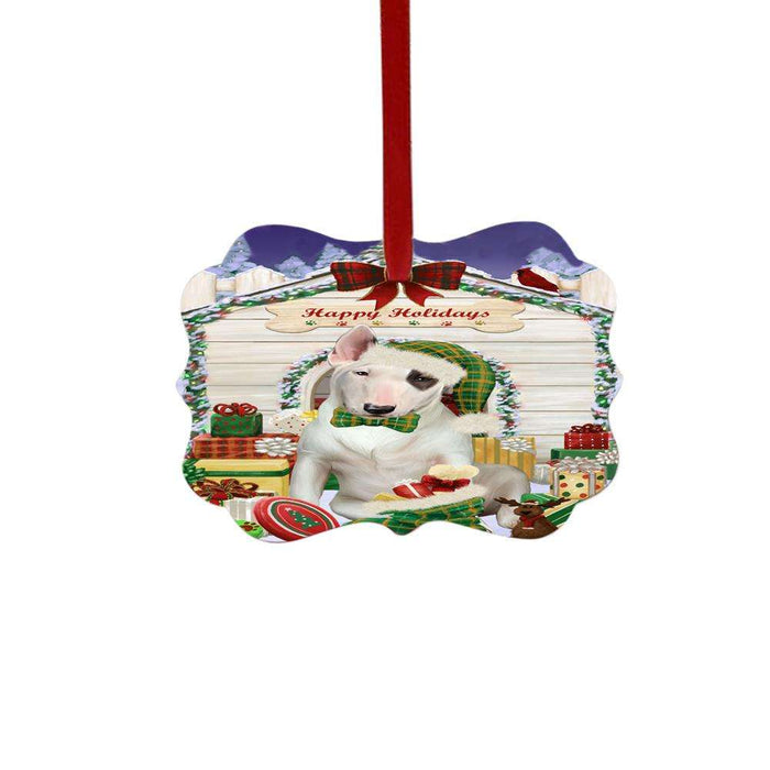 Happy Holidays Christmas Bull Terrier House With Presents Double-Sided Photo Benelux Christmas Ornament LOR49814