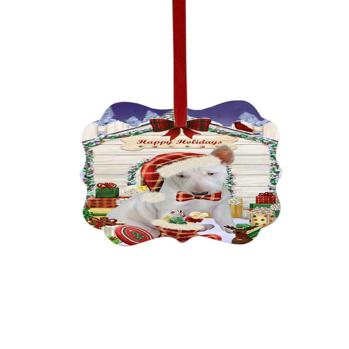 Happy Holidays Christmas Bull Terrier House With Presents Double-Sided Photo Benelux Christmas Ornament LOR49816