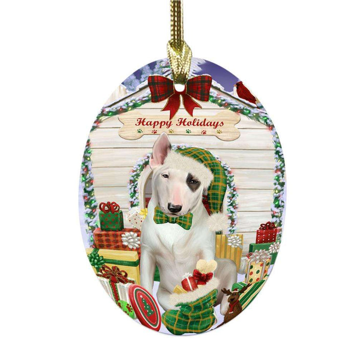Happy Holidays Christmas Bull Terrier House With Presents Oval Glass Christmas Ornament OGOR49814