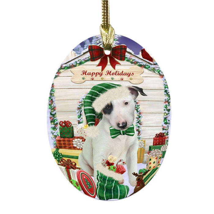 Happy Holidays Christmas Bull Terrier House With Presents Oval Glass Christmas Ornament OGOR49815