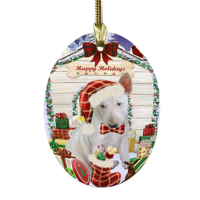 Happy Holidays Christmas Bull Terrier House With Presents Oval Glass Christmas Ornament OGOR49816