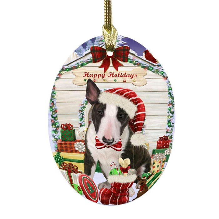 Happy Holidays Christmas Bull Terrier House With Presents Oval Glass Christmas Ornament OGOR49817