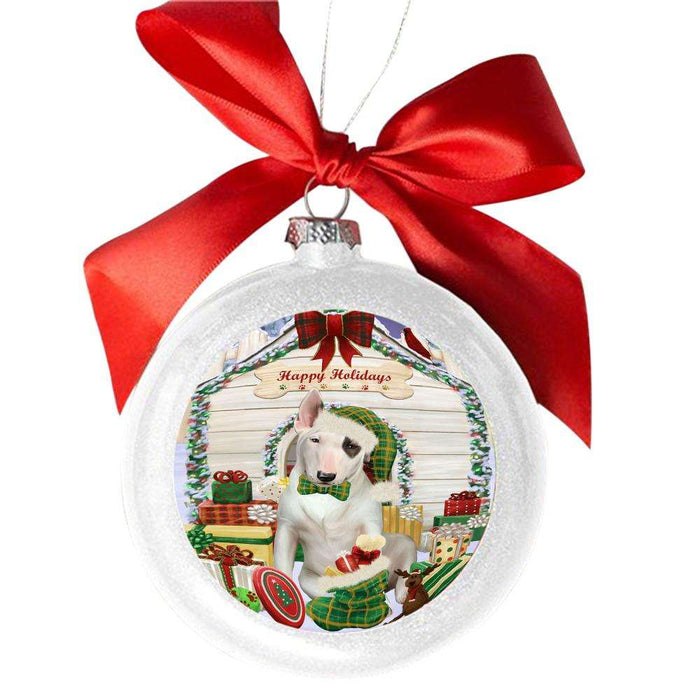 Happy Holidays Christmas Bull Terrier House With Presents White Round Ball Christmas Ornament WBSOR49814