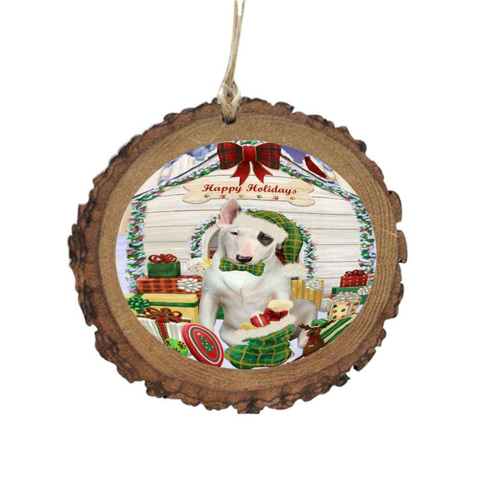 Happy Holidays Christmas Bull Terrier House With Presents Wooden Christmas Ornament WOR49814