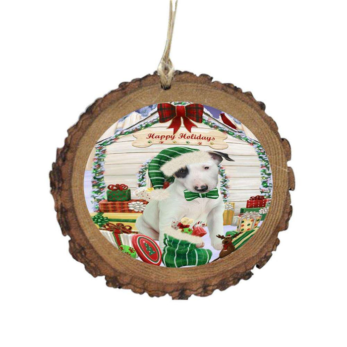 Happy Holidays Christmas Bull Terrier House With Presents Wooden Christmas Ornament WOR49815
