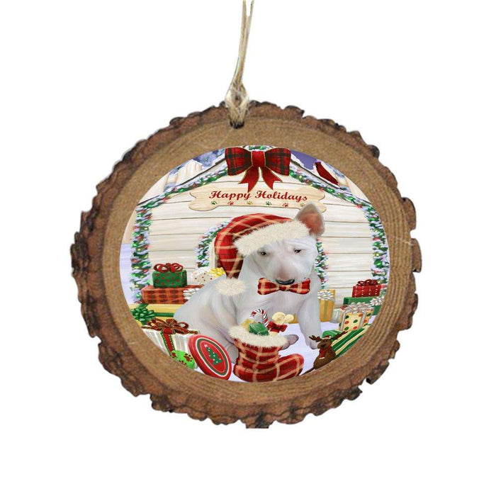 Happy Holidays Christmas Bull Terrier House With Presents Wooden Christmas Ornament WOR49816