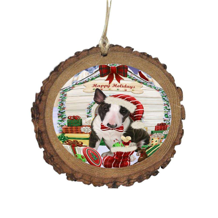 Happy Holidays Christmas Bull Terrier House With Presents Wooden Christmas Ornament WOR49817