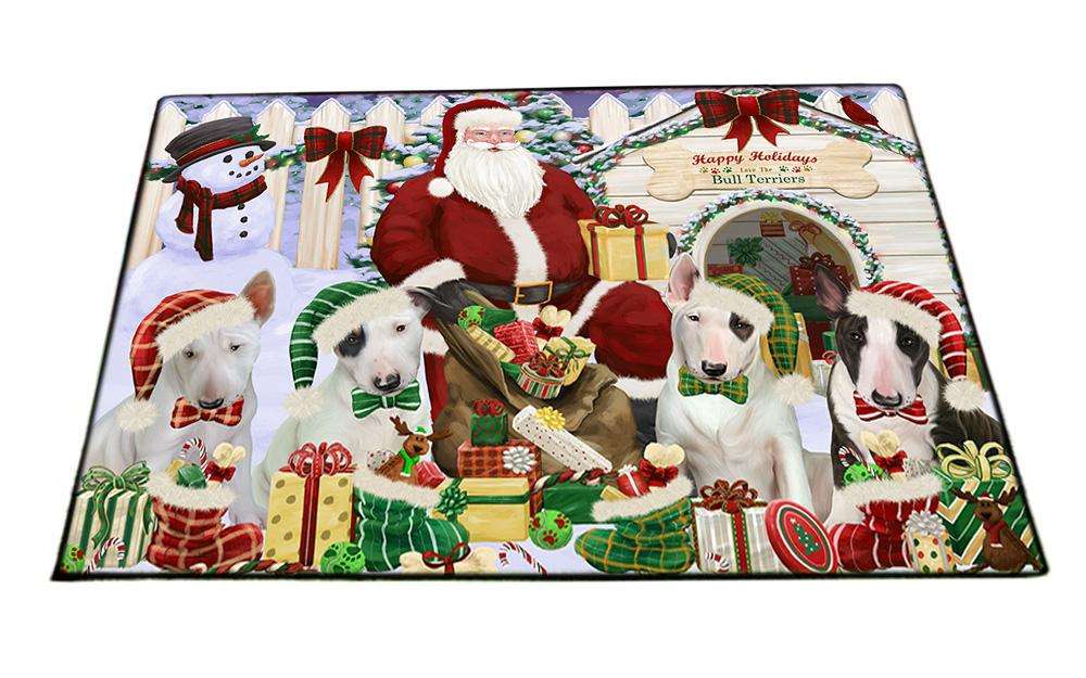Happy Holidays Christmas Bull Terriers Dog House Gathering Floormat FLMS51072