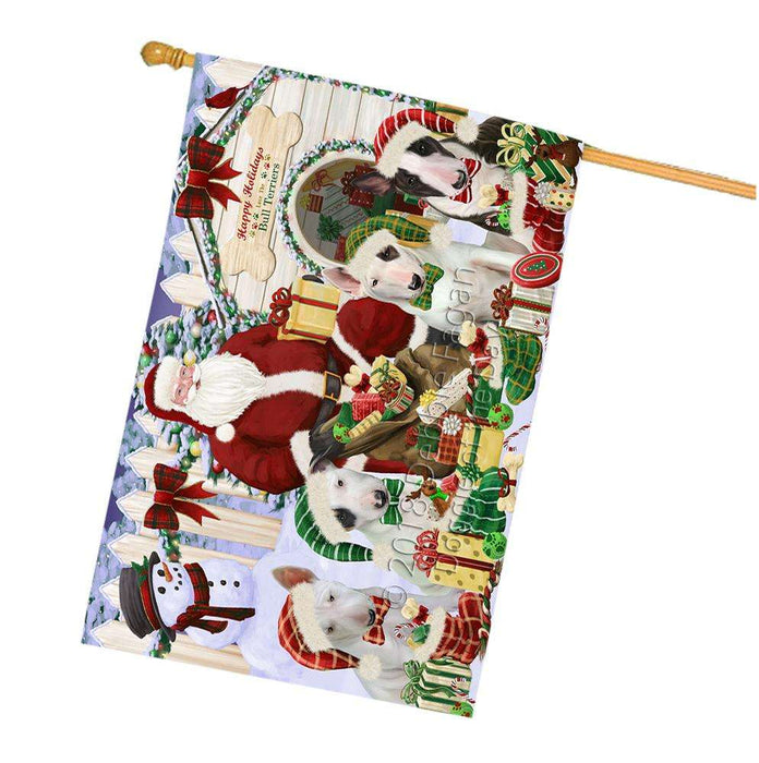 Happy Holidays Christmas Bull Terriers Dog House Gathering House Flag FLG51345