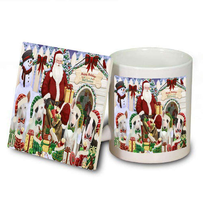 Happy Holidays Christmas Bull Terriers Dog House Gathering Mug and Coaster Set MUC51279