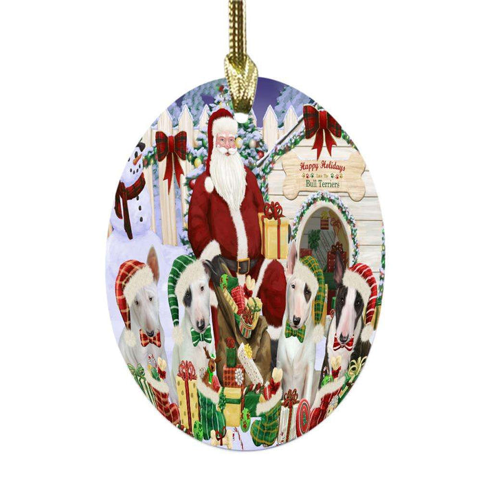 Happy Holidays Christmas Bull Terriers Dog House Gathering Oval Glass Christmas Ornament OGOR49690